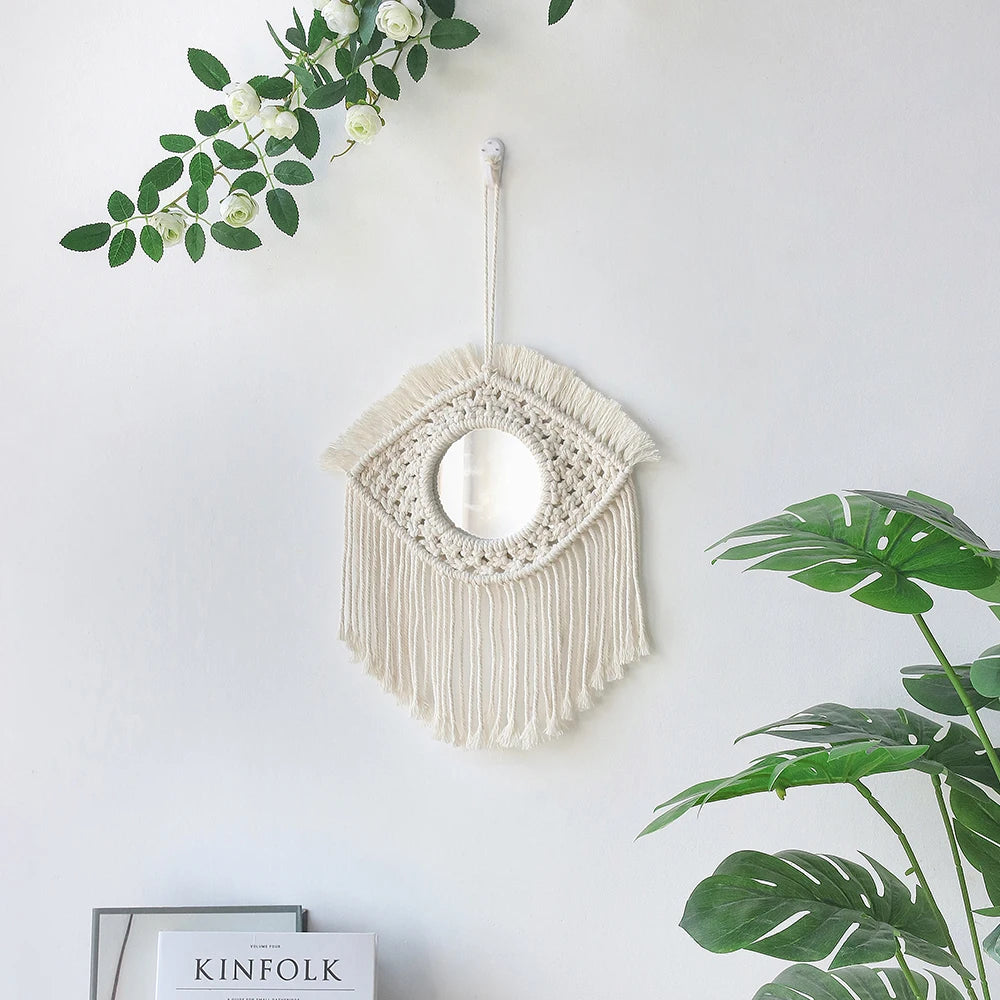 Hanging Wall Decorative Mirror With Macrame Fringe