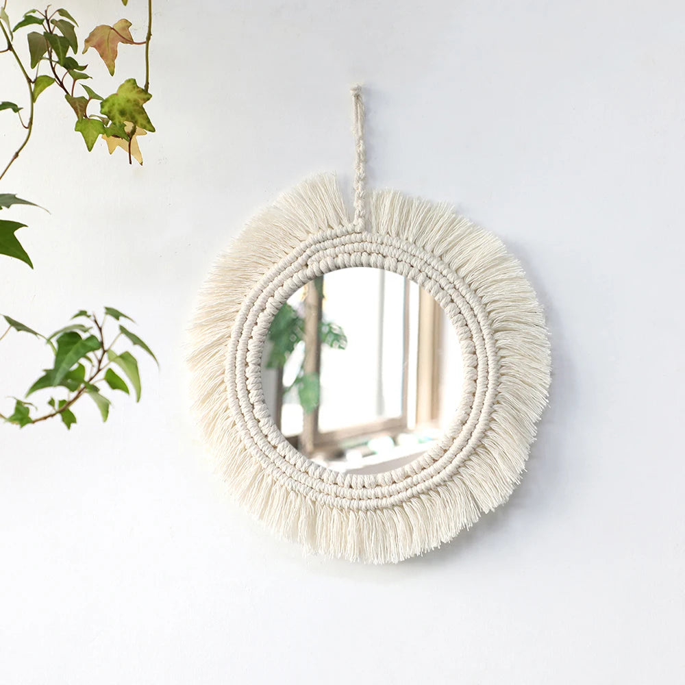 Hanging Wall Decorative Mirror With Macrame Fringe