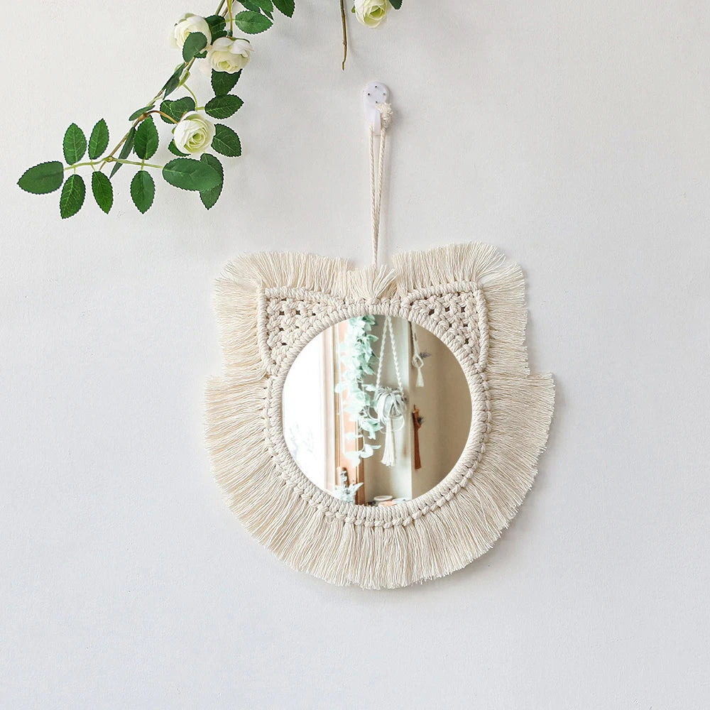 Hanging Wall Decorative Mirror With Macrame Fringe